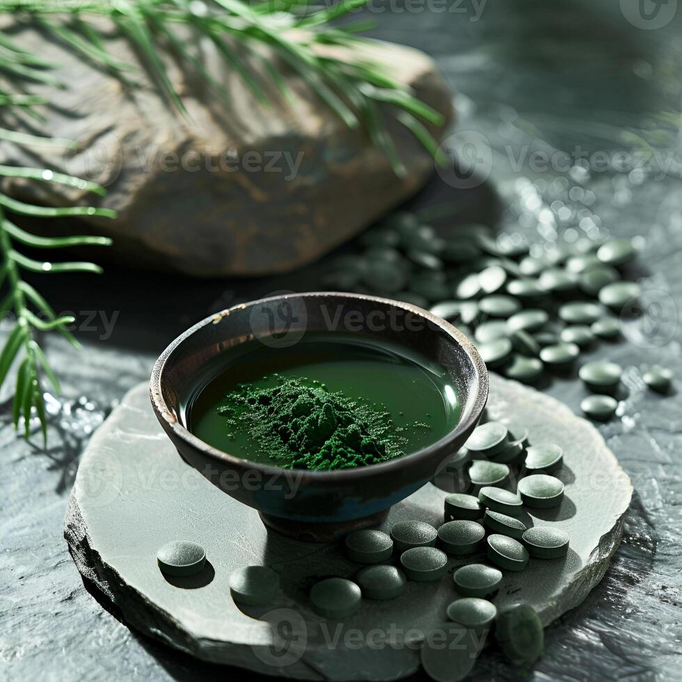 AI generated Spirulina ingredient supplement in plate photo