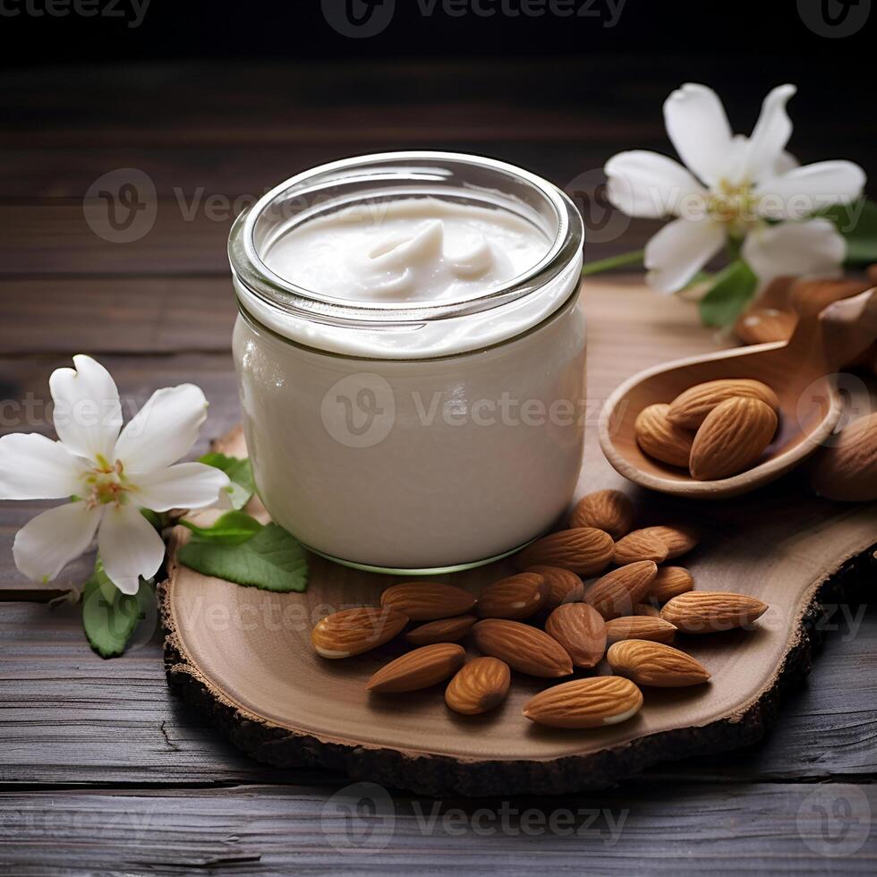 AI generated Natural cream cosmetic of almonds nuts photo