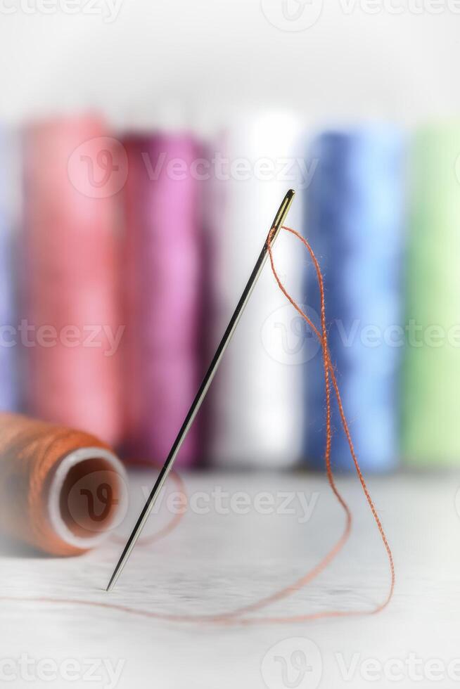 Close-up view of one needle with red thread photo