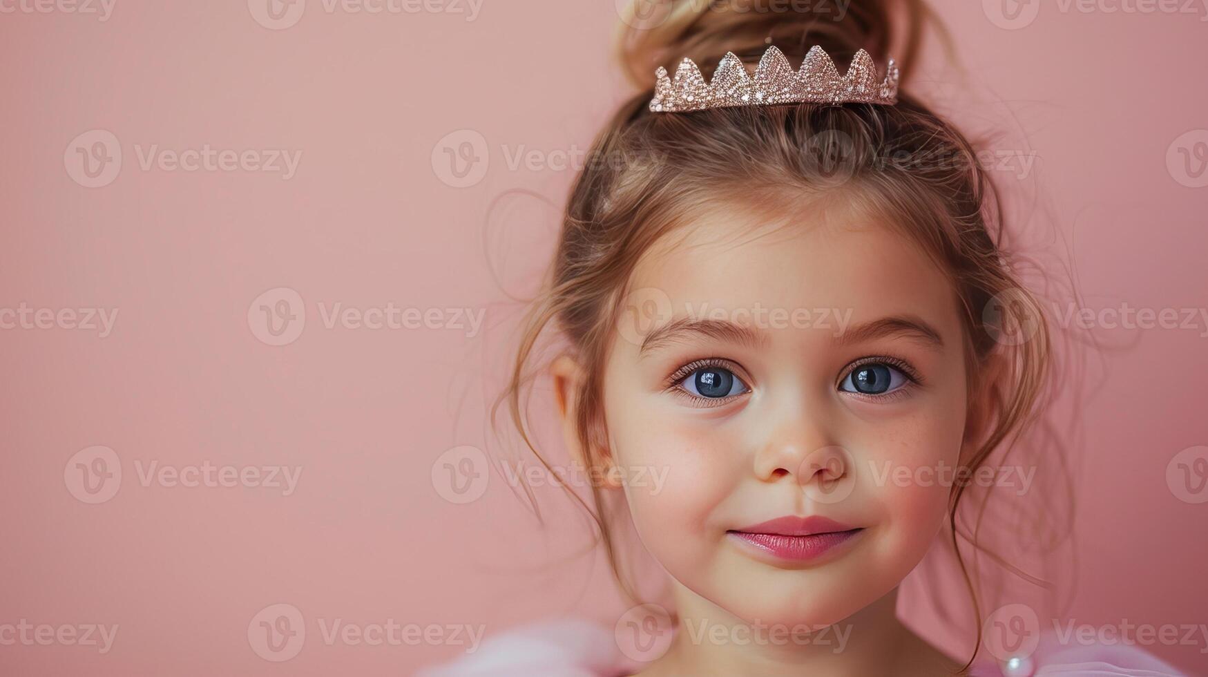 AI generated Little girl with a crown on his head on pastel pink background photo