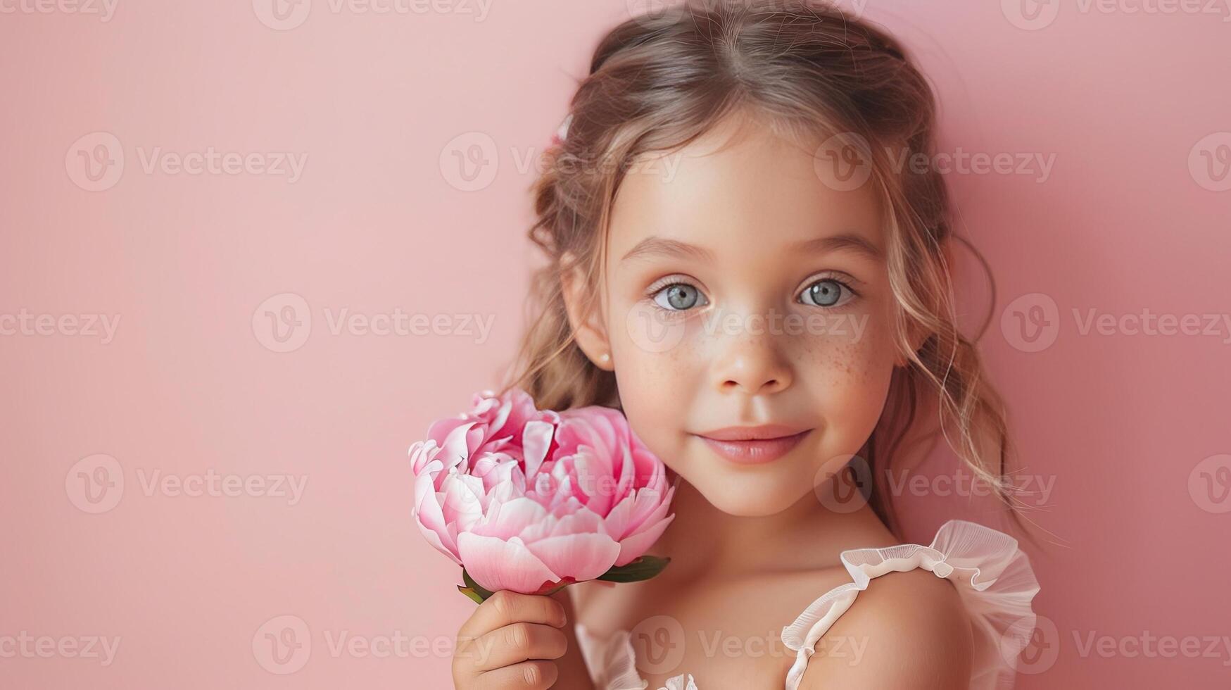 AI generated Little girl with a pink peony flower on pastel pink background photo