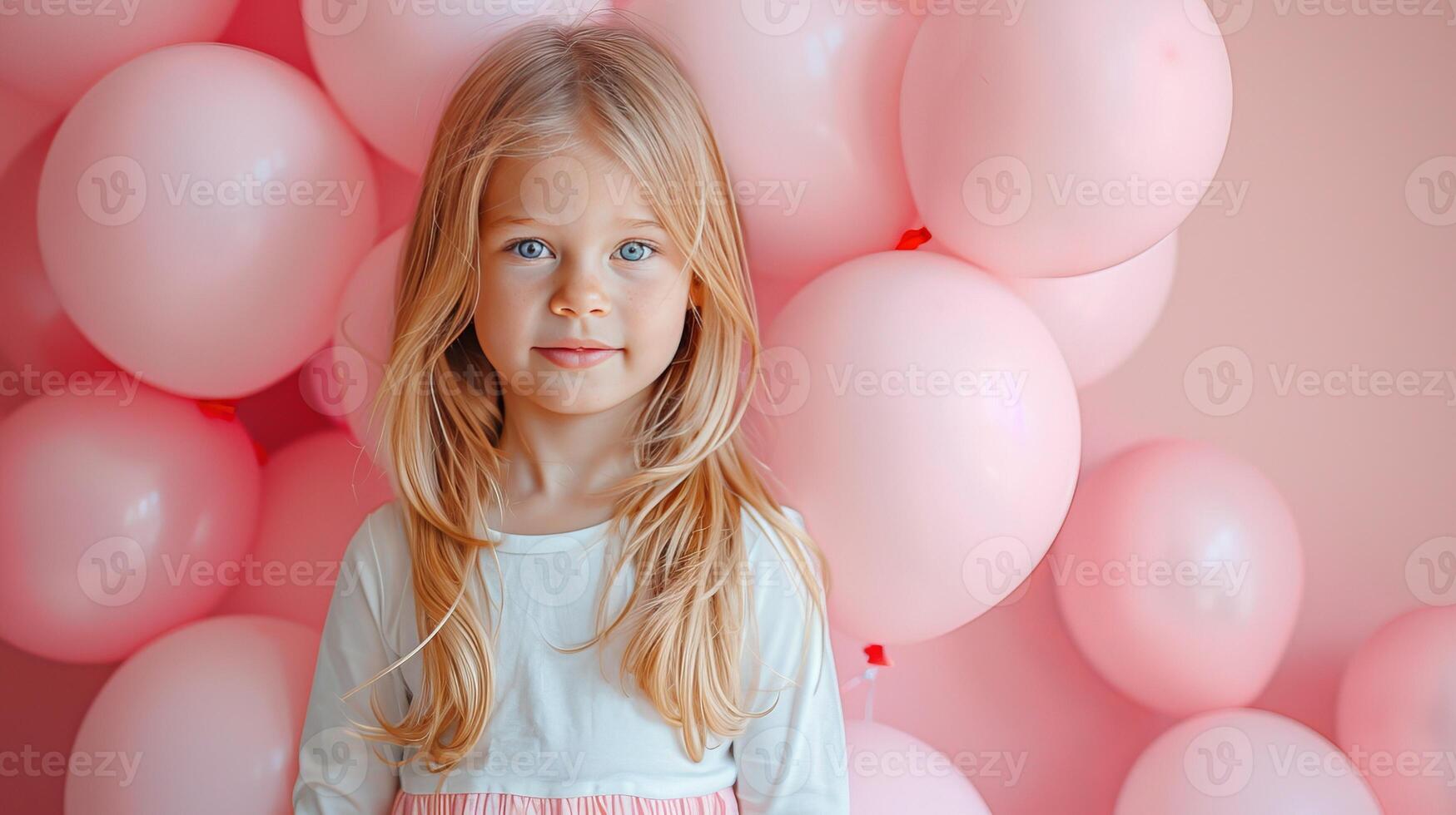 AI generated Little girl with many pink balloons on pastel pink background photo