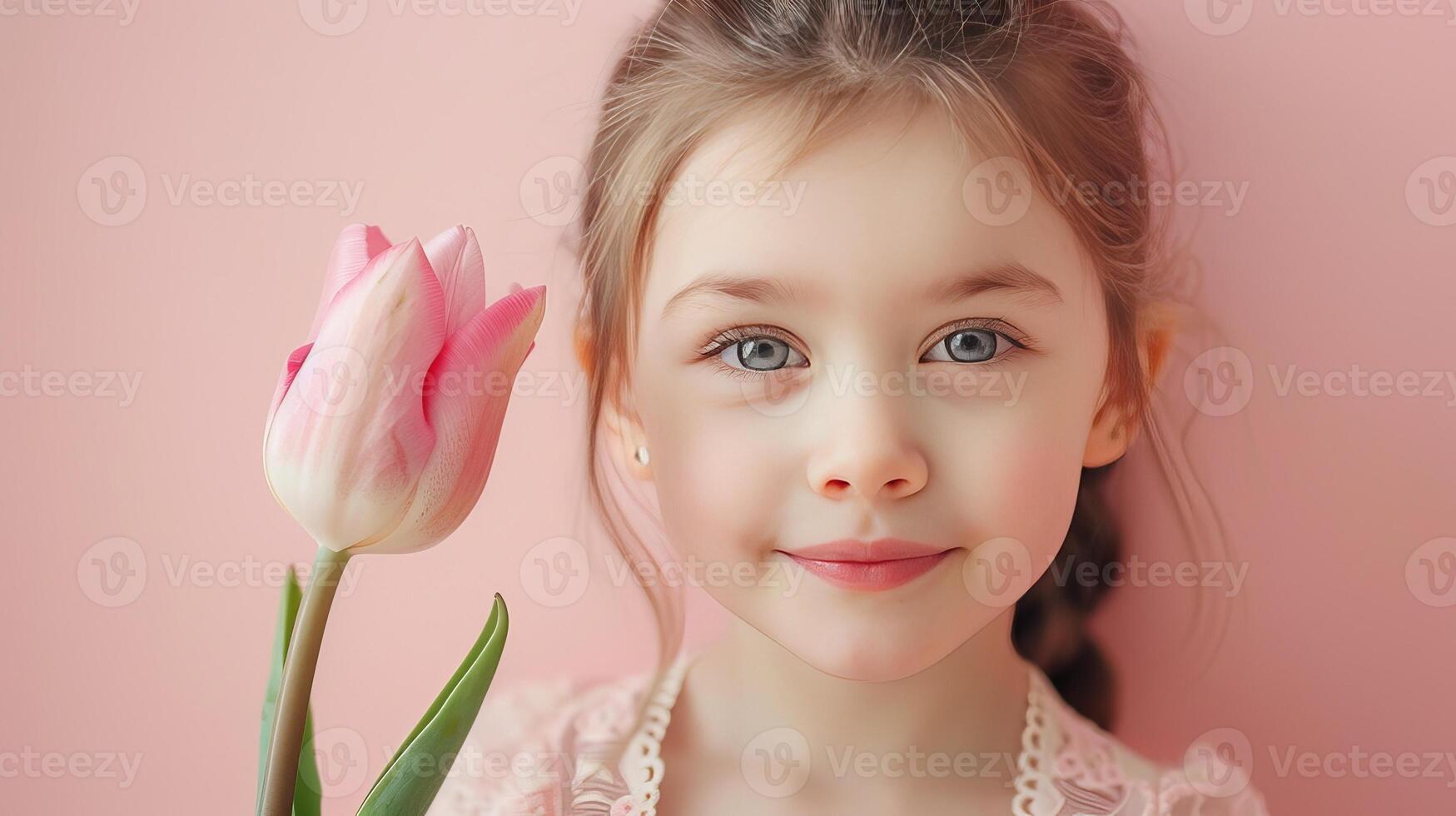 AI generated Little girl with a pink tulip flower on pastel pink background photo