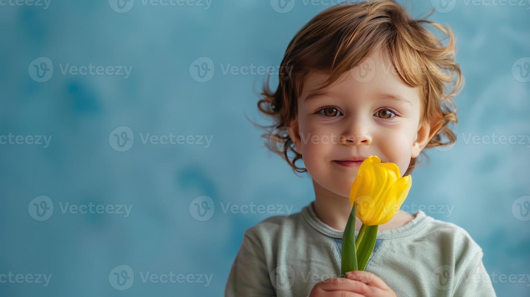 AI generated Little boy with a tulip flower in her hands on pastel blue background photo