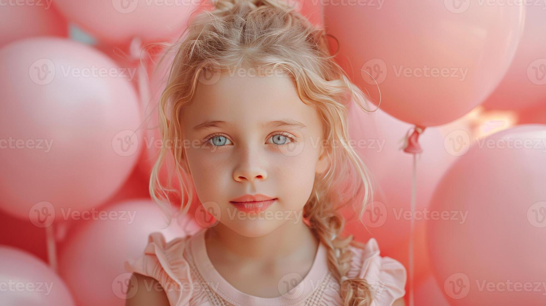AI generated Little girl with many pink balloons on pastel pink background photo