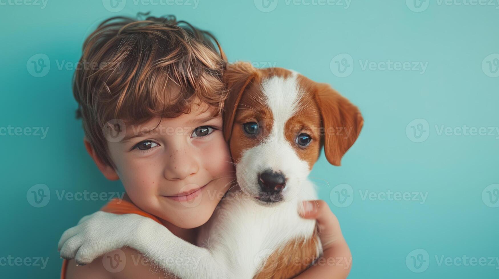 AI generated Little boy hugging your little dog on pastel blue background photo