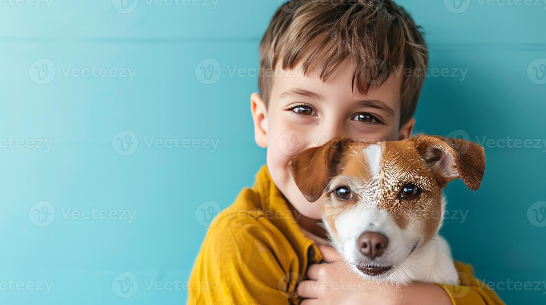 AI generated Little boy hugging your little dog on pastel blue background photo
