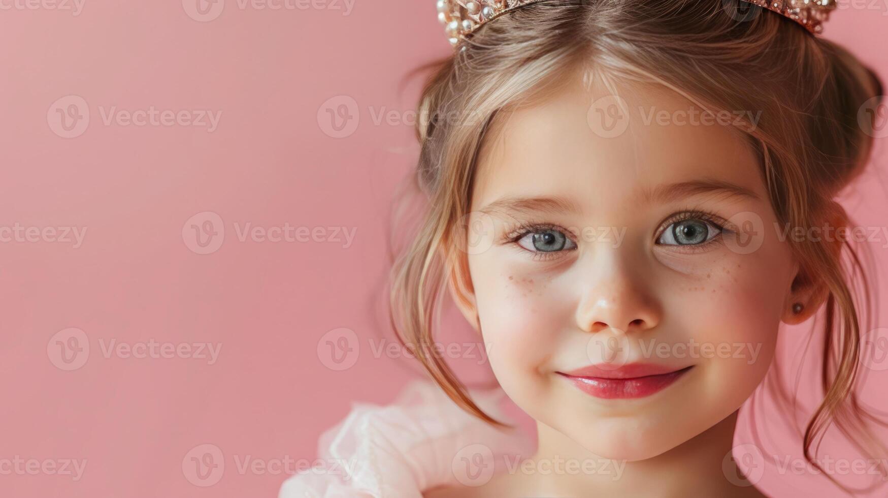 AI generated Little girl with a crown on his head on pastel pink background photo