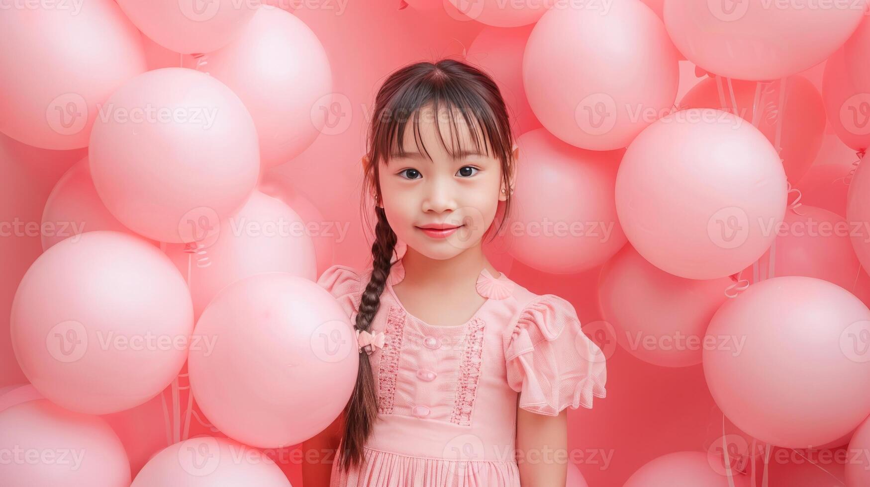 AI generated Little girl with many pink balloons on pastel pink background photo