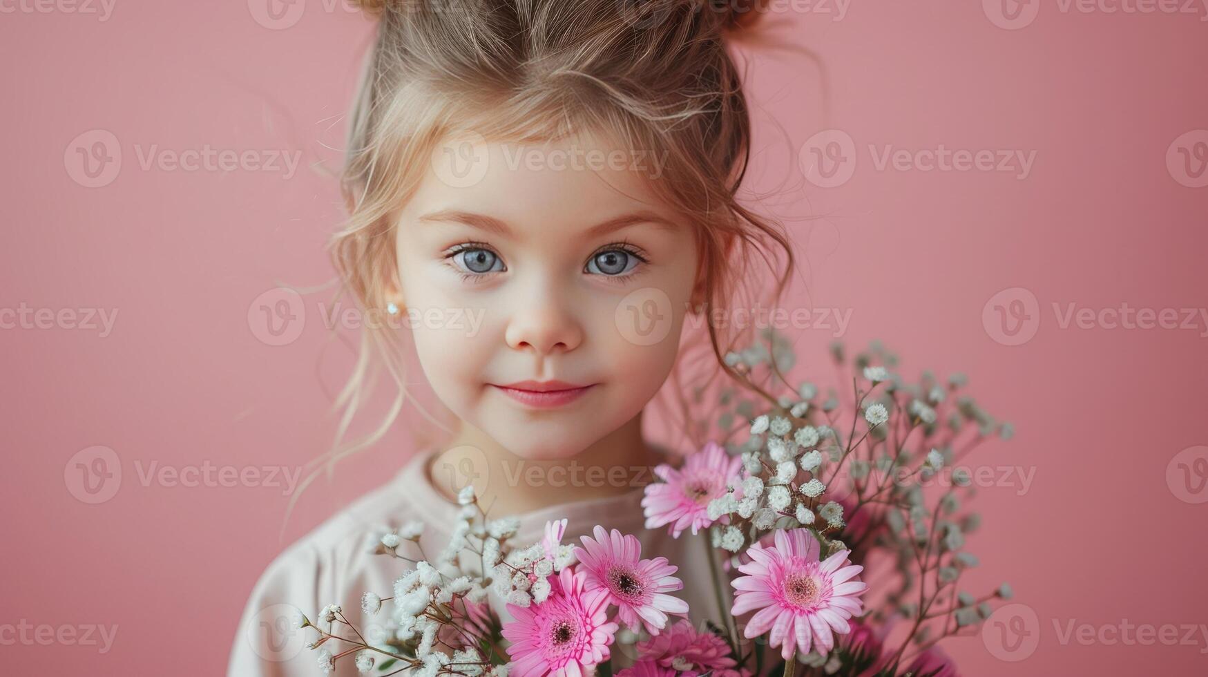 AI generated Little girl with a bouquet of pink flowers on pastel pink background photo