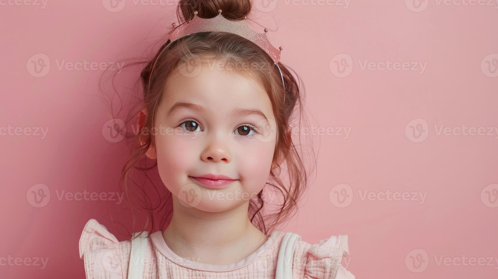 AI generated Little girl with a crown on his head on pastel pink background photo