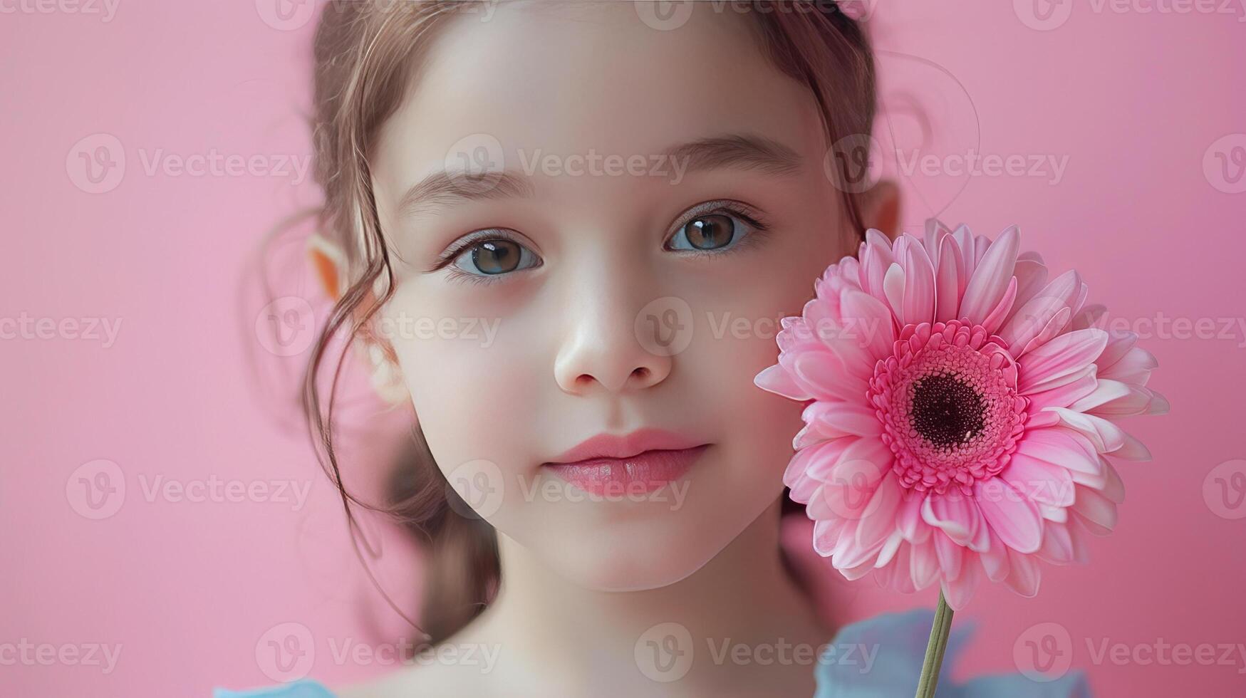 AI generated Little girl with a pink flower on pastel pink background photo