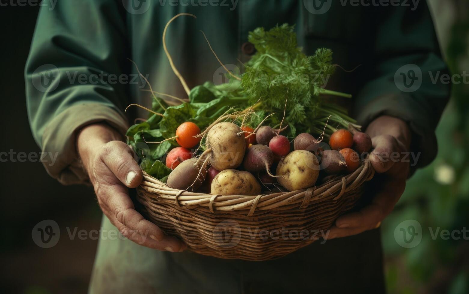 AI generated A person holding a basket full of vegetables photo
