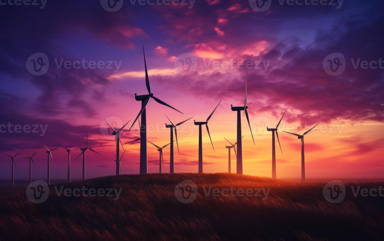AI generated Wind turbines at sunset photo