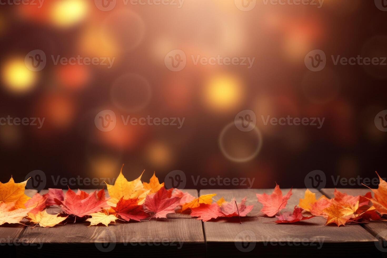 AI generated Autumn leaves on a wooden table photo