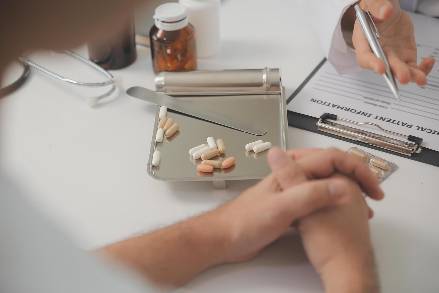 Healthcare service and pharmacy worker with customer at store counter for medication explanation. Pharmaceutical advice and opinion of pharmacist helping girl with medicine information. photo