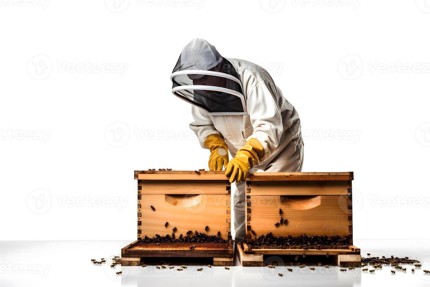 ai generado un apicultor en uniforme trabajos cerca urticaria con abejas en un blanco antecedentes foto
