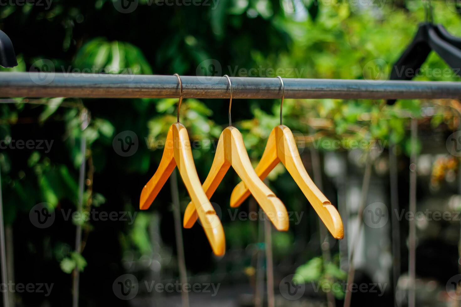 wooden clothes hanger with a natural leafy background in the garden photo