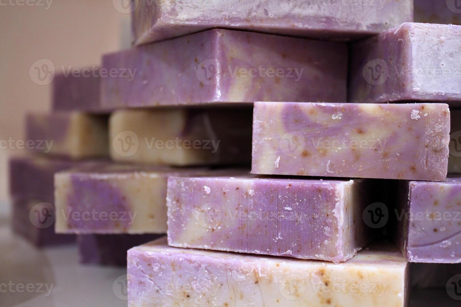 Display of Hand Cut Purple and White Soaps photo