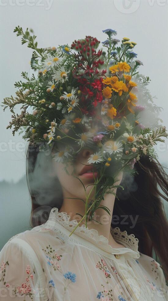 ai generado niña cara cubierto con flores foto