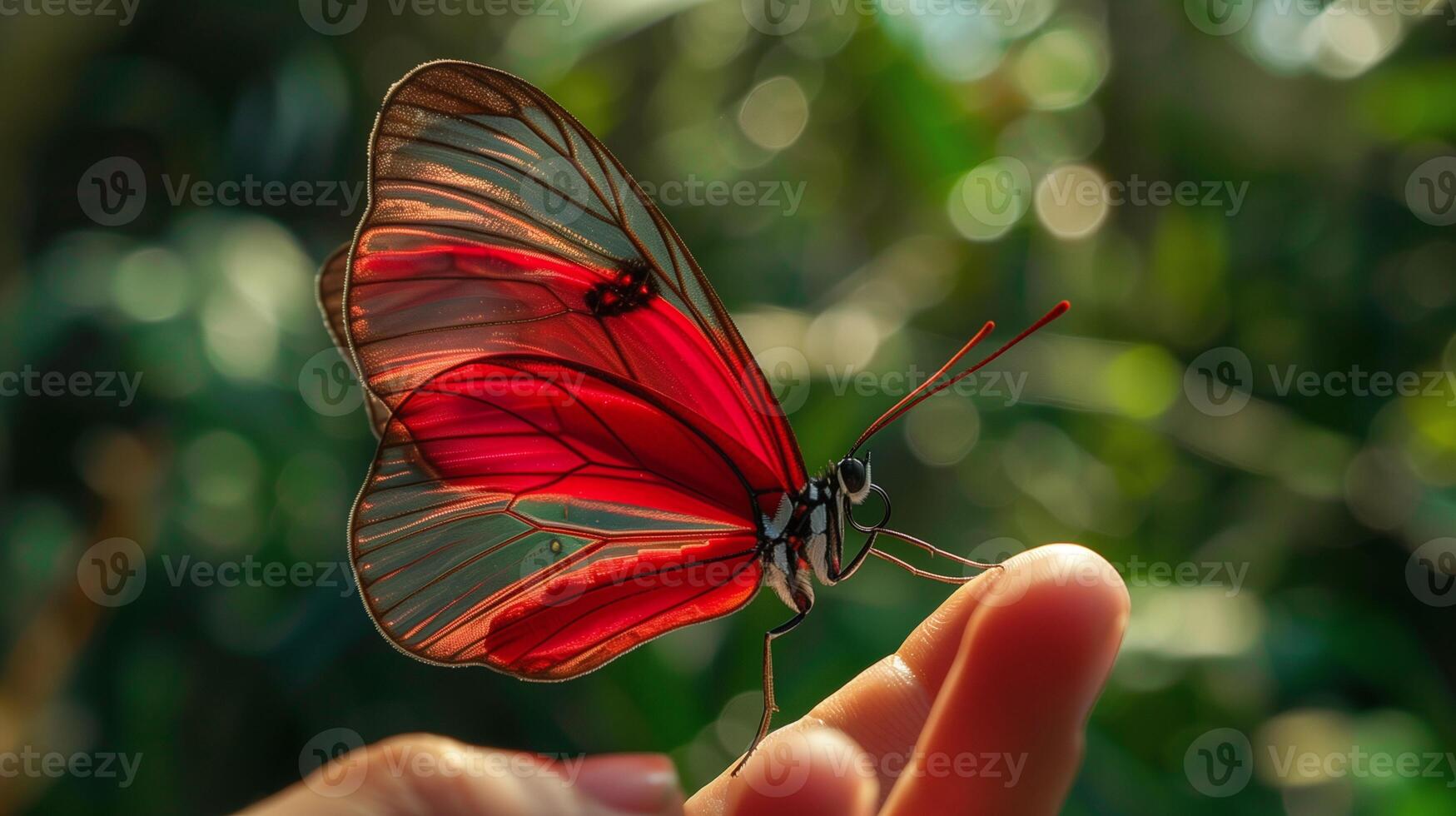 ai generado mariposa en humano mano foto