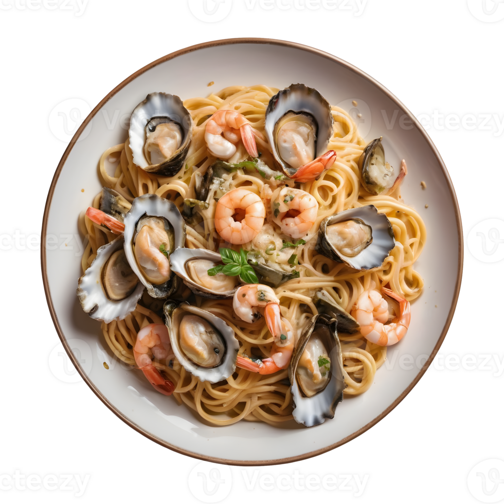 ai generado italiano restaurante menú articulo sabroso pasta con ostras y camarones gastrónomo aislado png