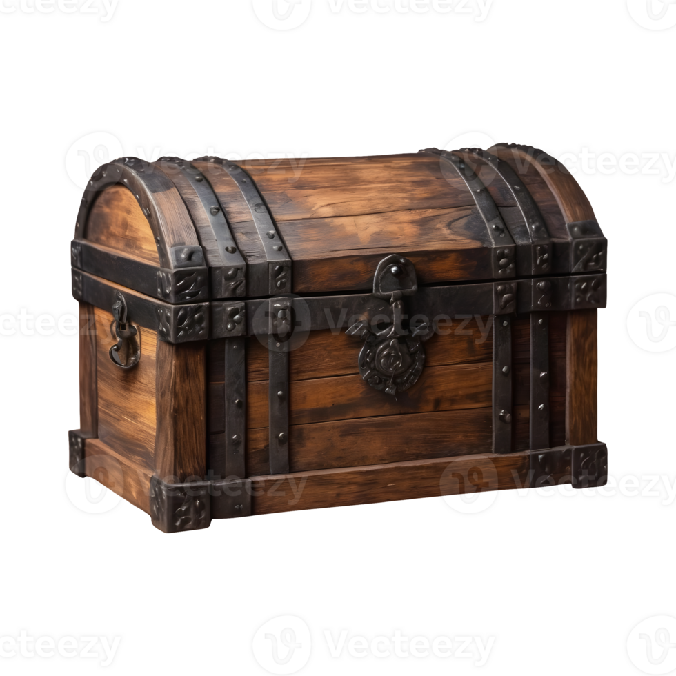 AI generated Medieval pirate chest made of wood and iron against a transparent background isolated png