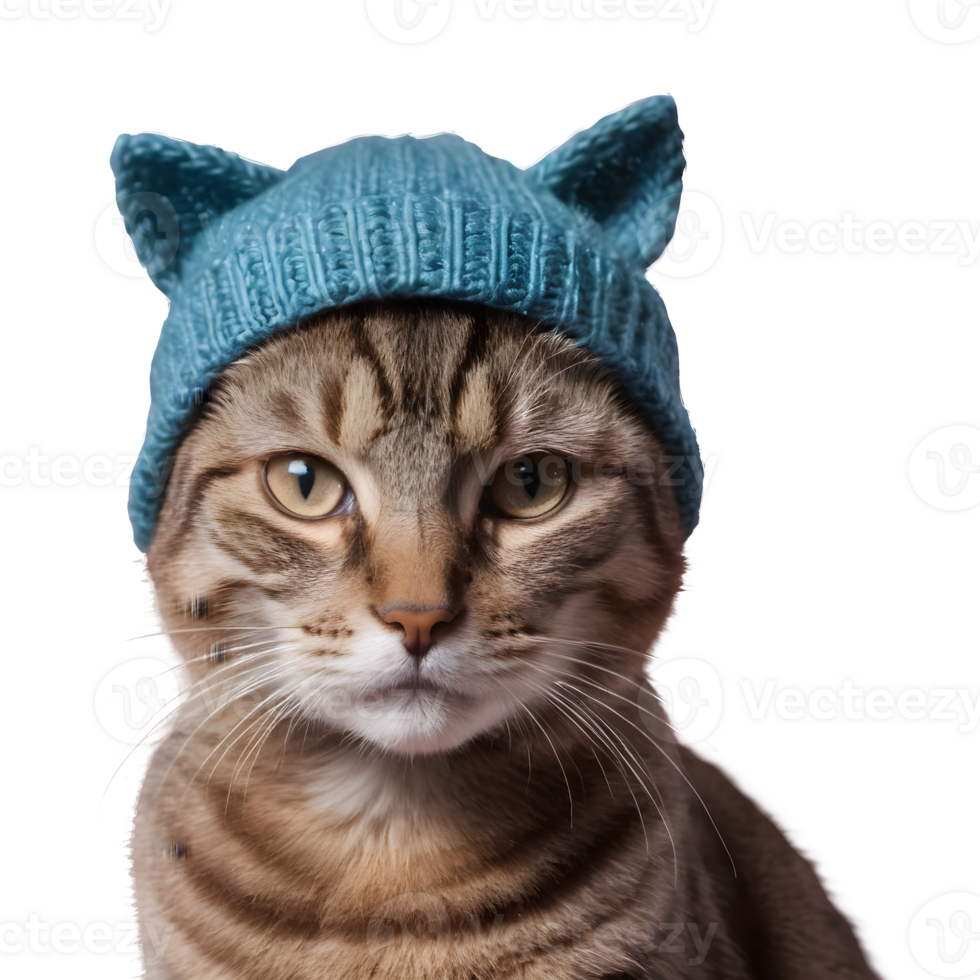 AI generated Knitted hat donned cat on transparent background isolated png