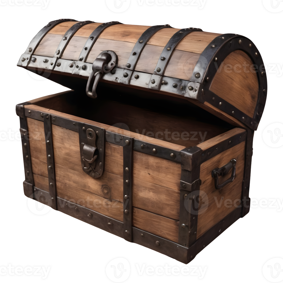 AI generated Medieval pirate chest made of wood and iron against a transparent background isolated png