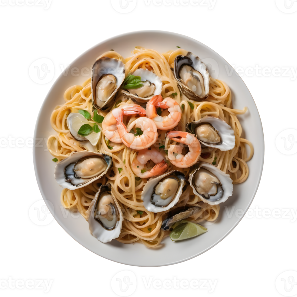 ai generado italiano restaurante menú articulo sabroso pasta con ostras y camarones gastrónomo aislado png