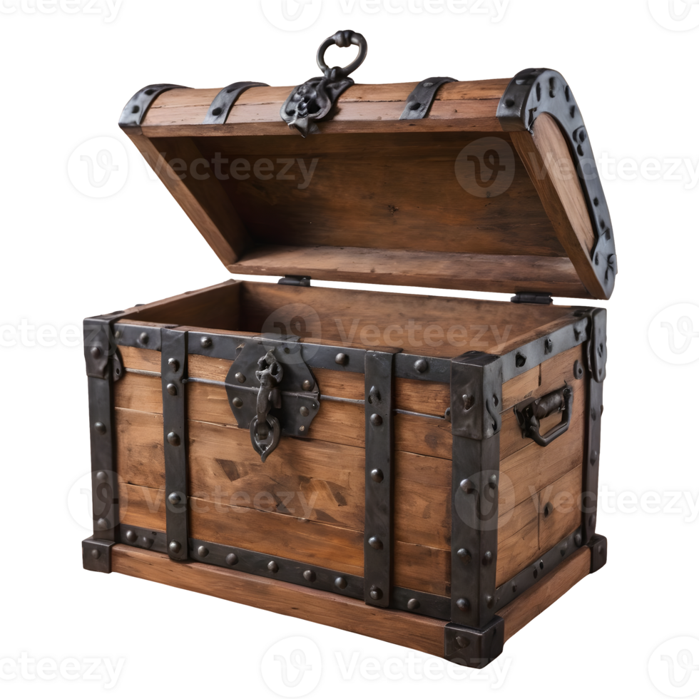 AI generated Medieval pirate chest made of wood and iron against a transparent background isolated png