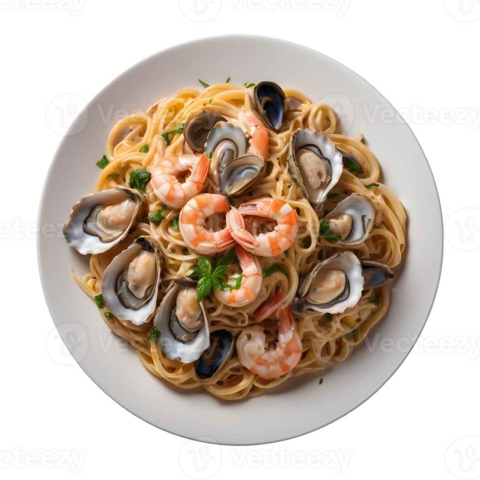 ai generado italiano restaurante menú articulo sabroso pasta con ostras y camarones gastrónomo aislado png