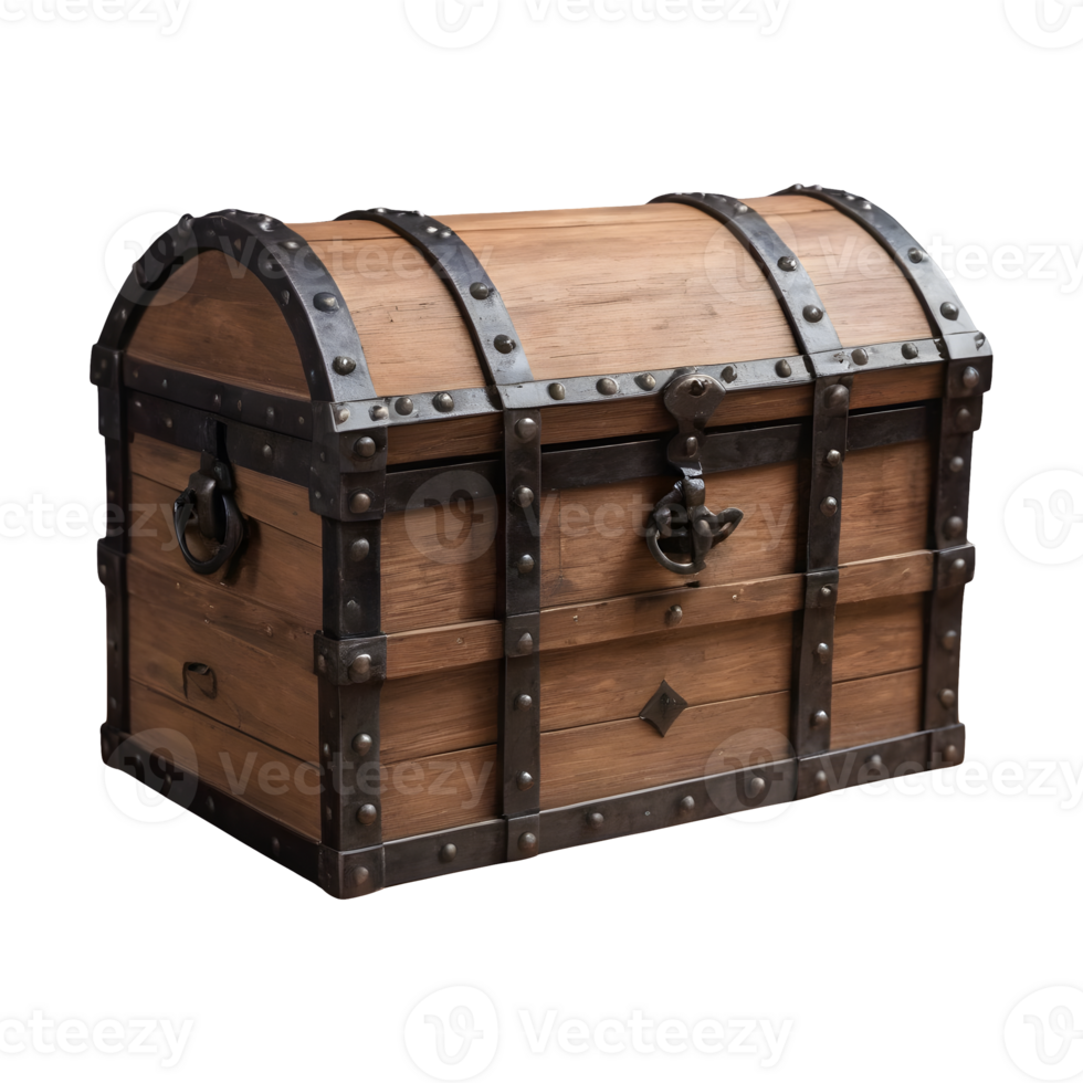 AI generated Medieval pirate chest made of wood and iron against a transparent background isolated png