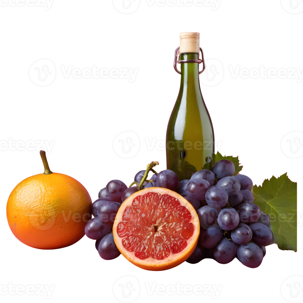 AI generated Grape fruit with ring engages vine bottle ready to drink isolated png