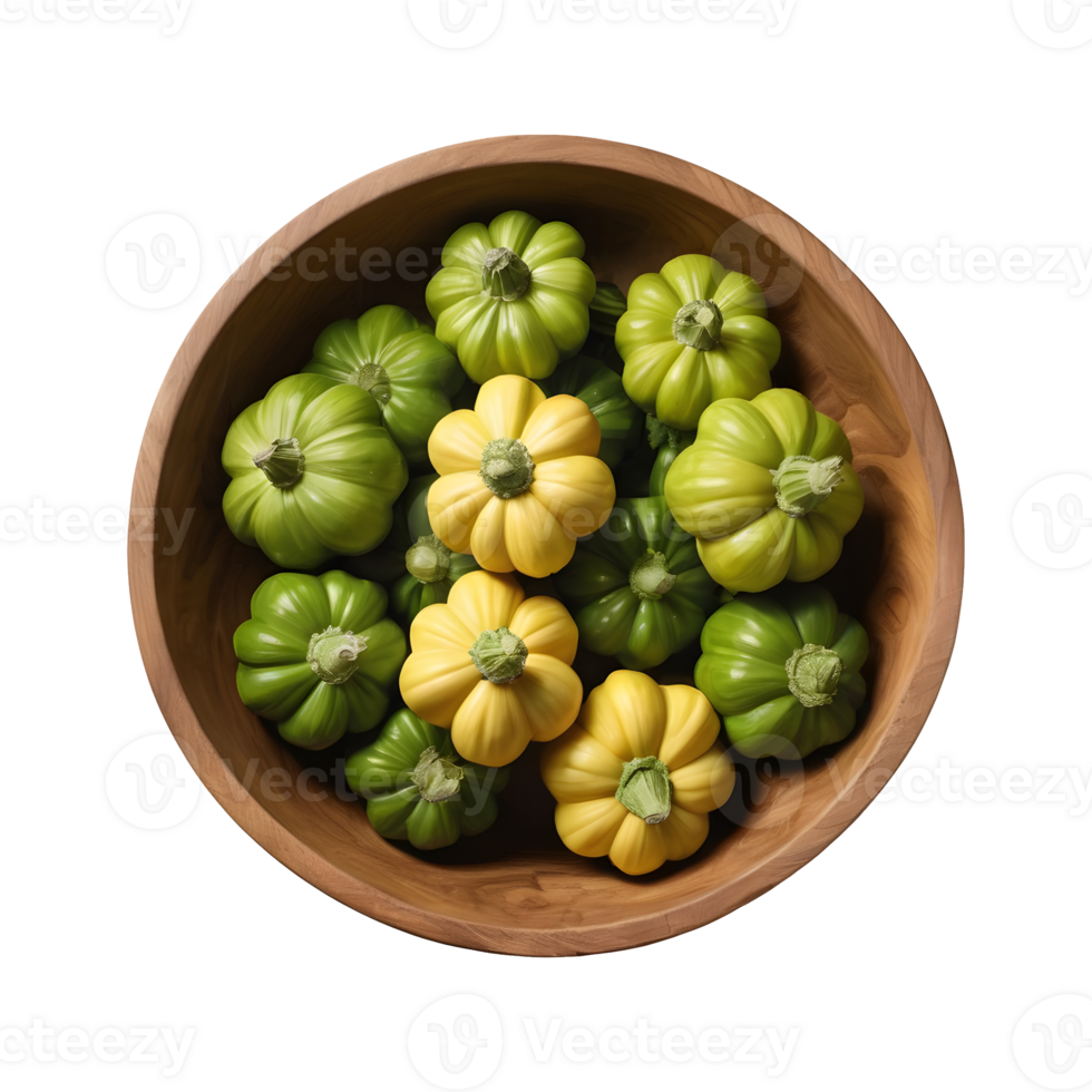 AI generated Green pattypan squash in wooden bowl on transparent background isolated png