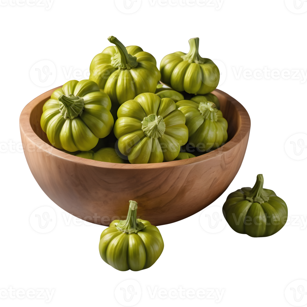 AI generated Green pattypan squash in wooden bowl on transparent background isolated png