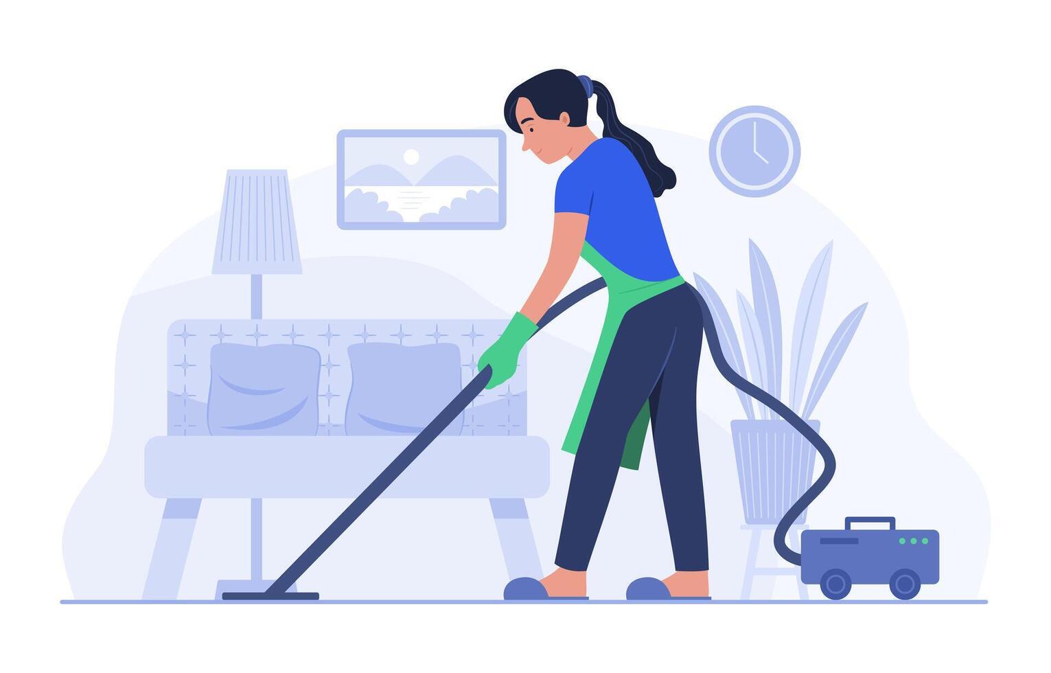 mujer limpieza casa con eléctrico vacío limpiador vector