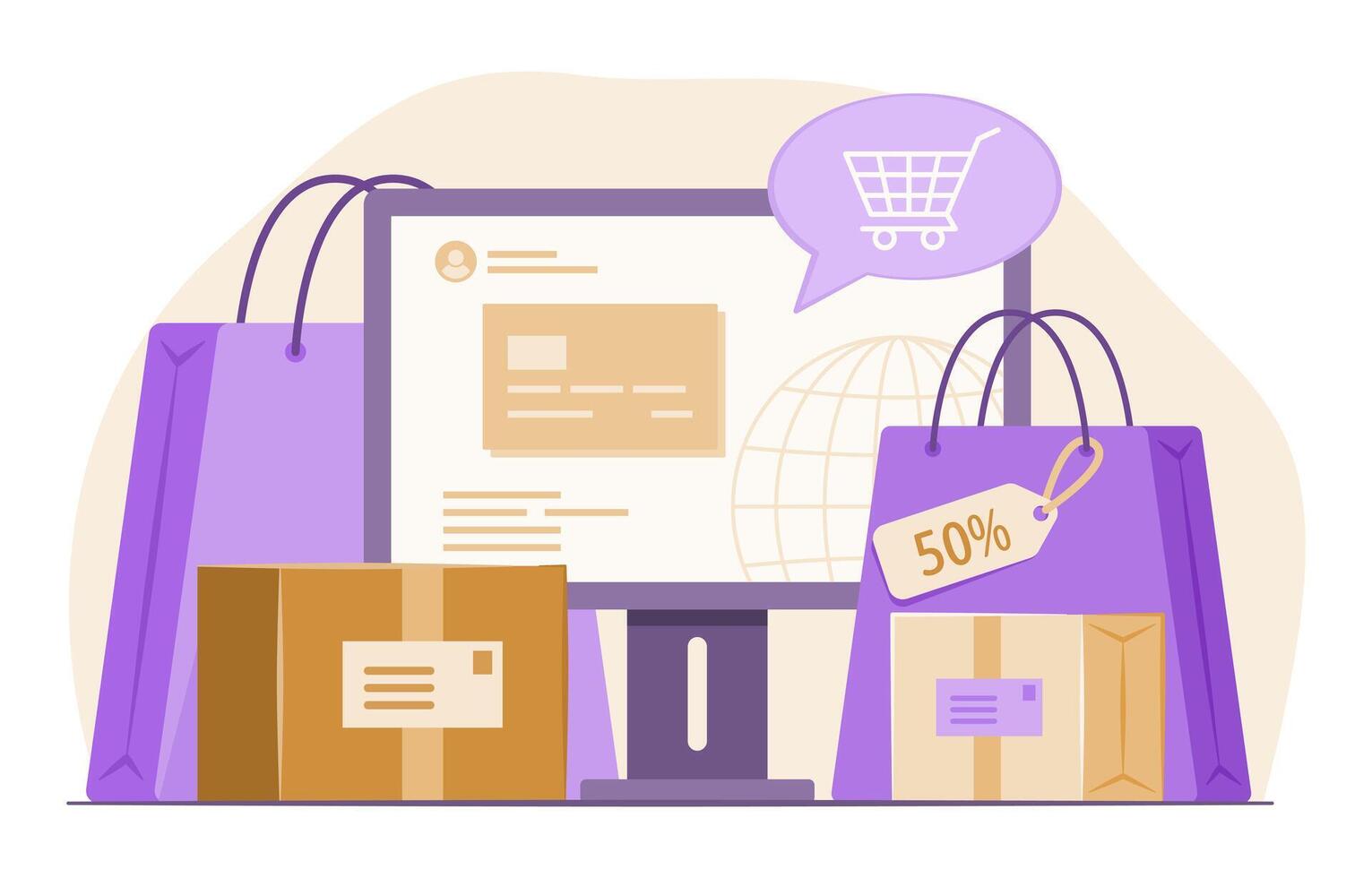 Shopping Bags and Merchandise Boxes with Desktop Computer Monitor for Online Shopping and E-Commerce Concept Illustration vector