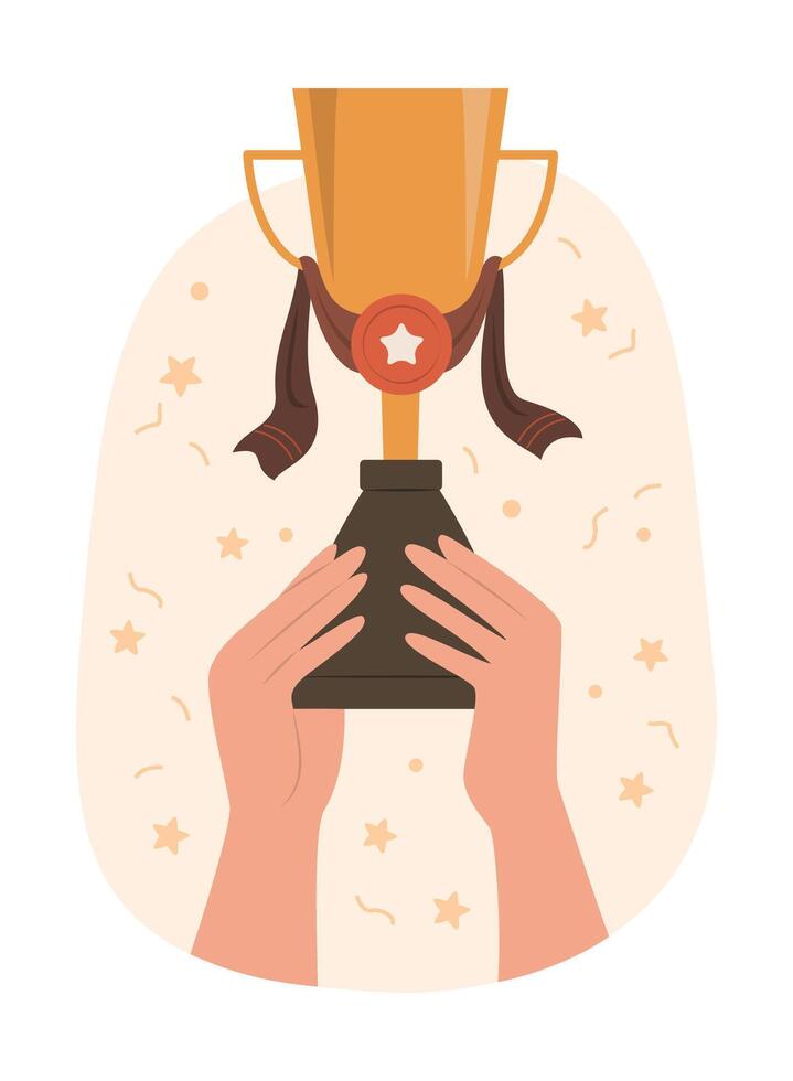 Human Hand Raise a Golden Trophy for Winning Prize Concept Illustration vector