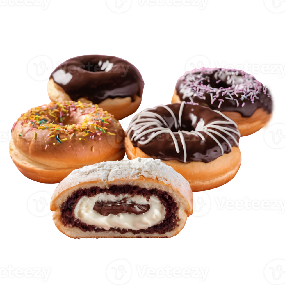 AI generated Vanilla cream filled bread and chocolate donuts displayed on transparent background isolated png