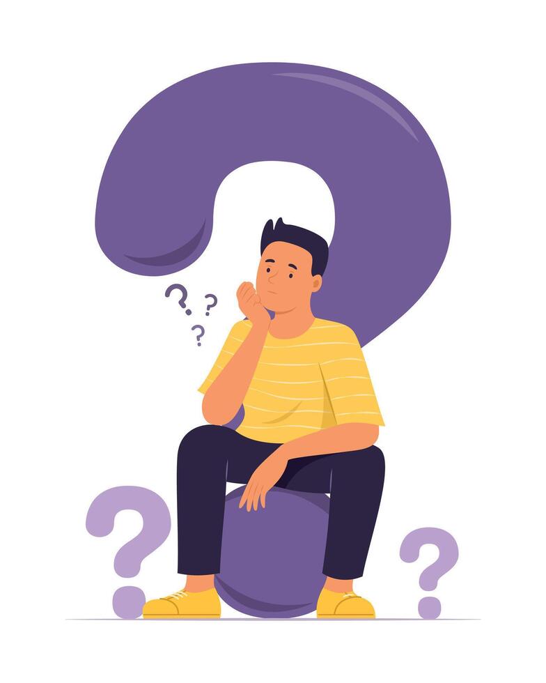 Thoughtful Man Sitting on Big Question Mark Concept Illustration vector