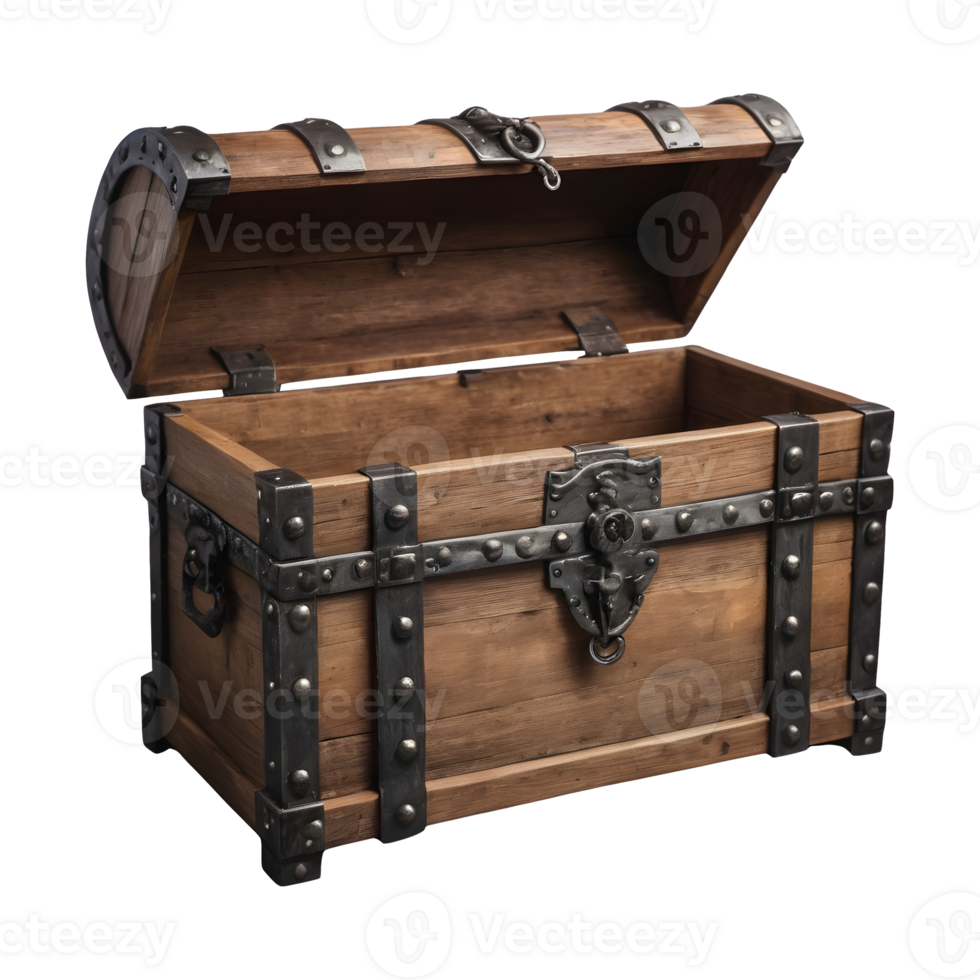 AI generated Medieval pirate chest made of wood and iron against a transparent background isolated png