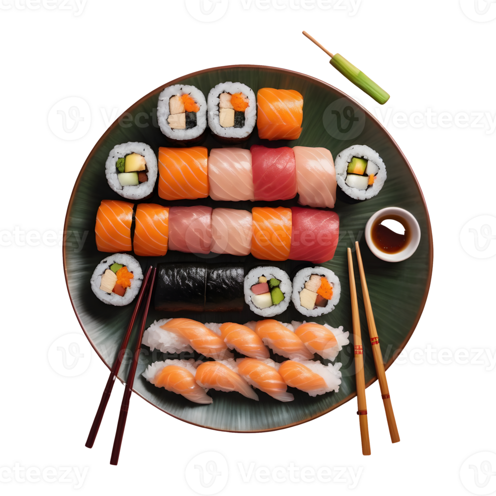 ai gerado topo Visão do uma Sushi conjunto em uma prato uma popular e bem conhecido japonês prato com pauzinhos isolado png