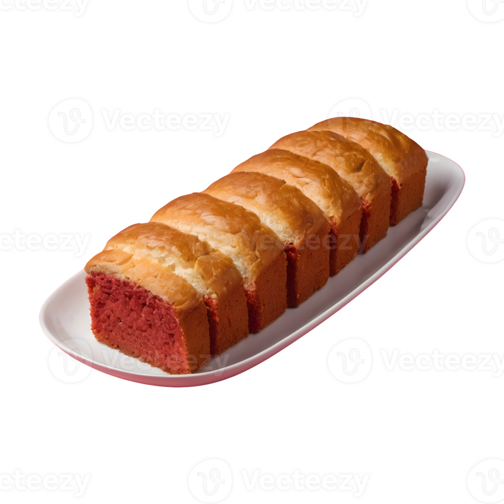 AI generated Red sponge bread on a long plate with a transparent background isolated png