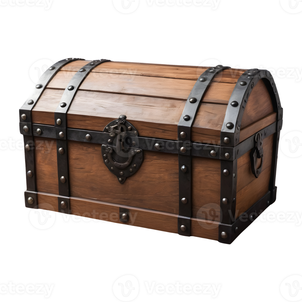 AI generated Medieval pirate chest made of wood and iron against a transparent background isolated png