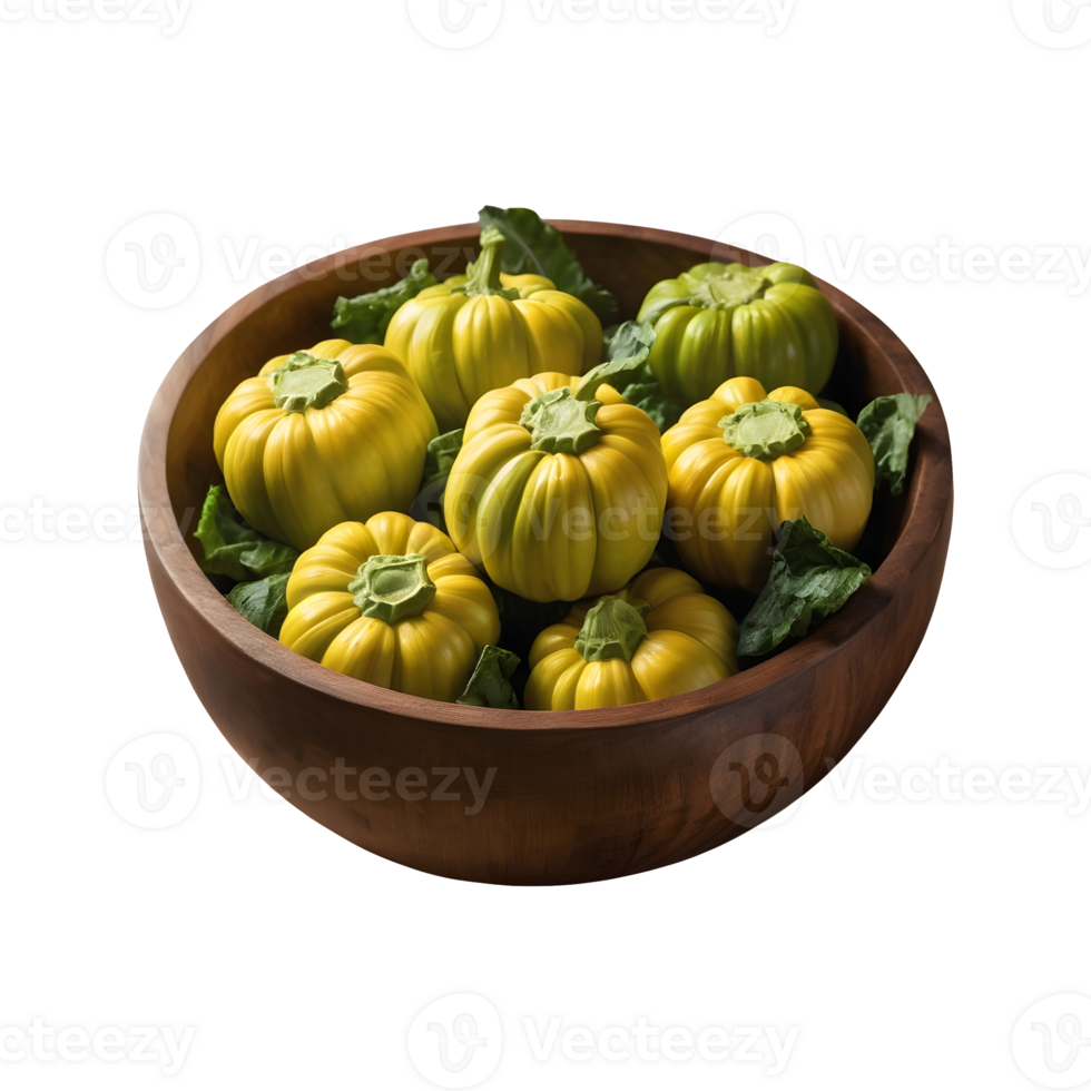 AI generated Green pattypan squash in wooden bowl on transparent background isolated png