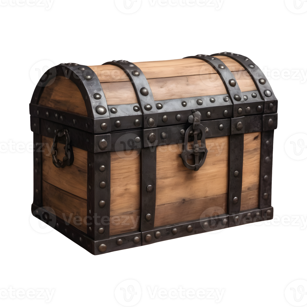 AI generated Medieval pirate chest made of wood and iron against a transparent background isolated png