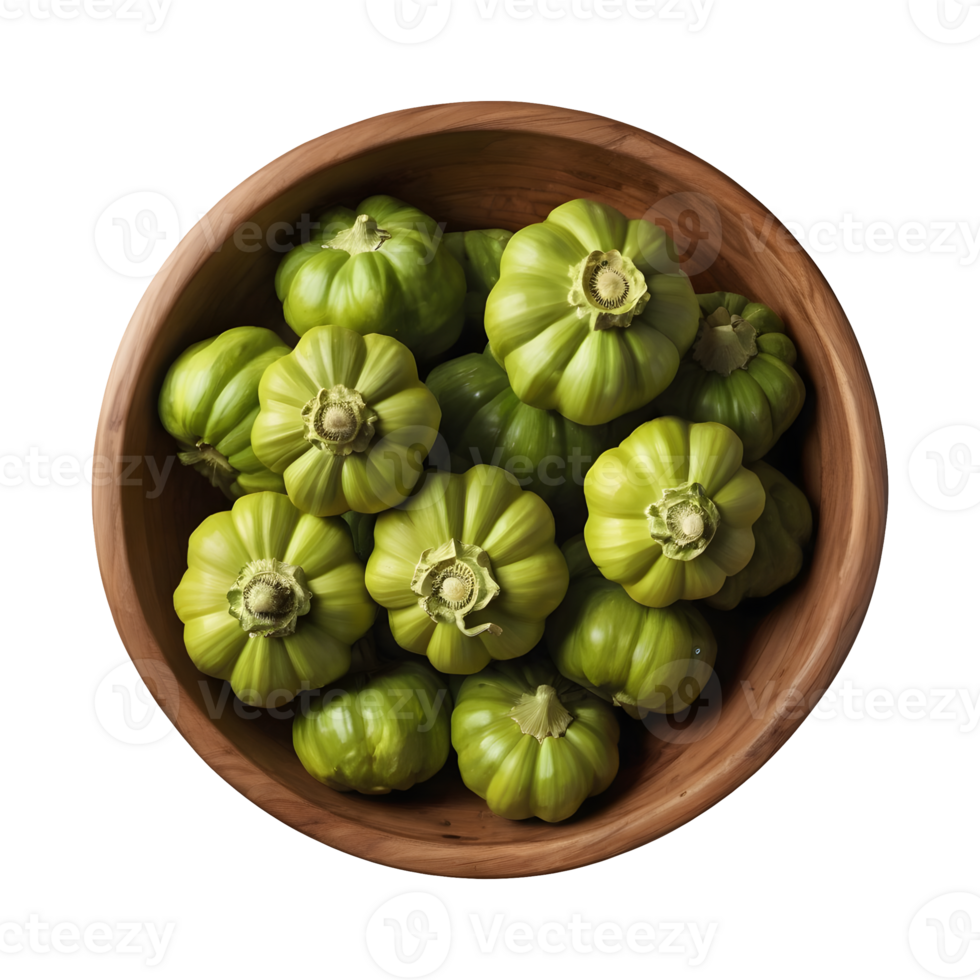 AI generated Green pattypan squash in wooden bowl on transparent background isolated png