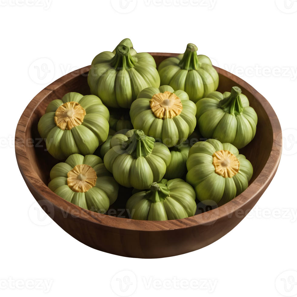 AI generated Green pattypan squash in wooden bowl on transparent background isolated png