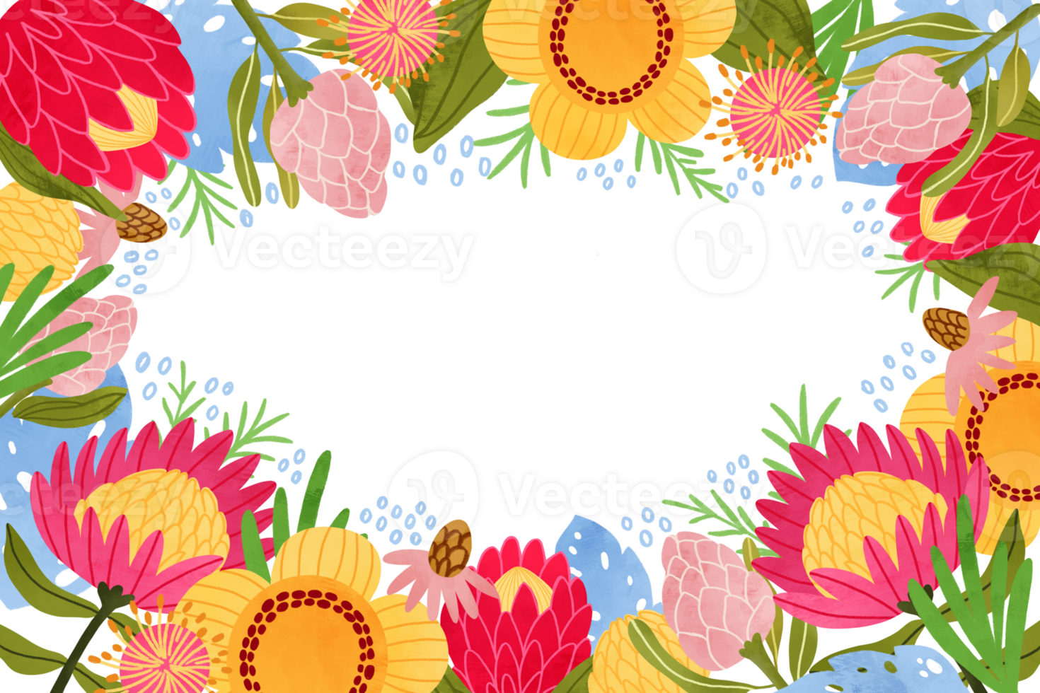 australiano flores marco. grande brillante protea flores bandera, mano dibujado tropical plantas, hojas borde. linda vistoso tarjeta, verano decorativo plantilla, trópico ánimo, Hawai botánico ilustración png